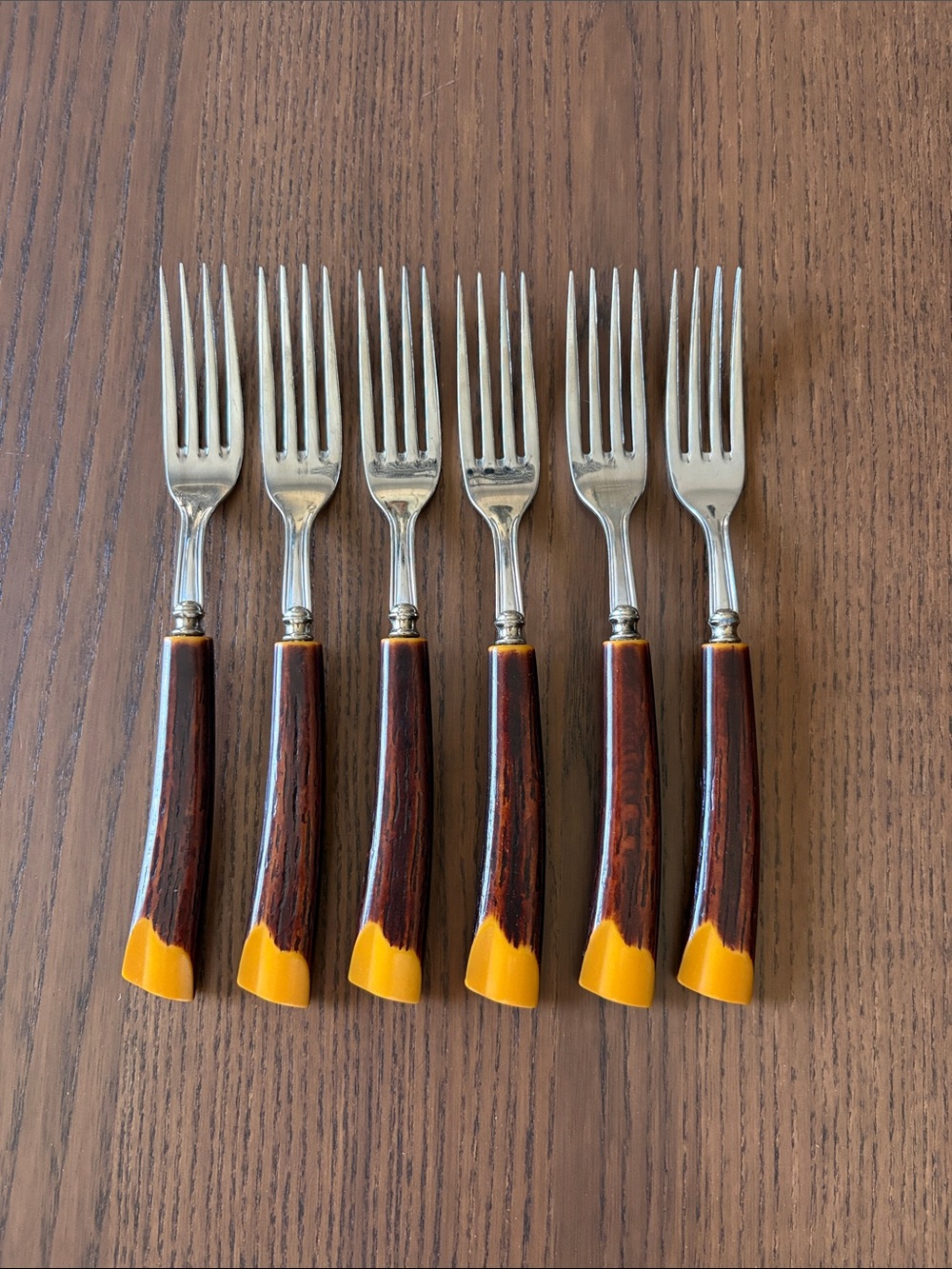 Glo-Hill stainless steel forks with faux antler bakelite handles Set of 6